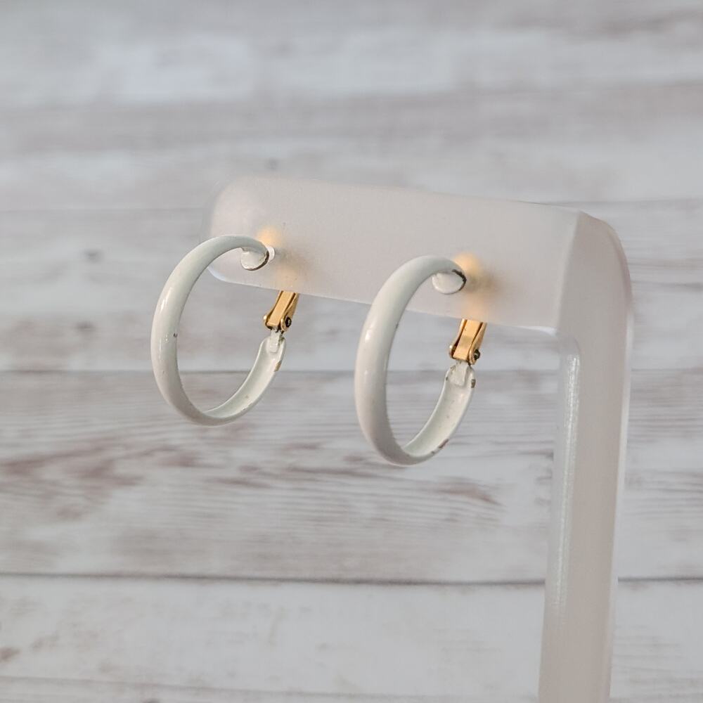 Vintage Napier Clip On Earrings White Hoops - Some Paint Chipping